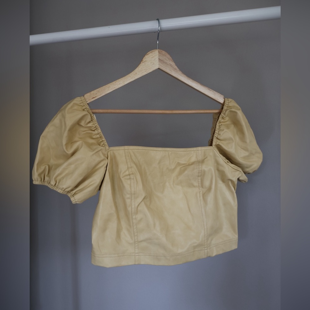 NWT Yellow Puff Sleeve Leather Crop Top For All Mankind Size Small